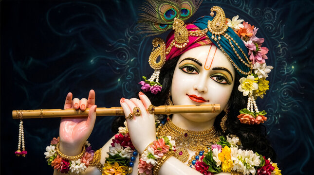 Lord Krishna marble idol playing bamboo flute adorned with peacock feather crown, flower garlands, and traditional jewelry
