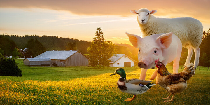 Group of farm animals including sheep pig duck and chicken on a green pasture at sunset with copy space