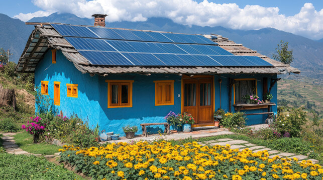 Sustainable Blue House with Solar Panels in a Mountain Village, Surrounded by Flowers and Greenery