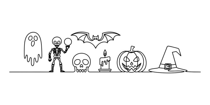 Set of cute halloween icons with a ghost skeleton bat skull candle pumpkin and witch hat drawn in a simple continuous line art style for holiday