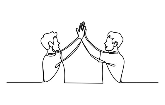 Two young men giving a high five as a continuous line drawing
