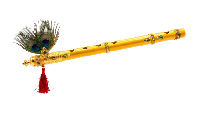 Decorative golden flute of Lord Krishna adorned with peacock feather, gemstones, and red tassel isolated on a transparent background