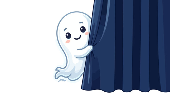 Cute cartoon ghost character peeking around blue curtain. Adorable white spirit vector illustration with happy face and blush. Playful kawaii design for Halloween.