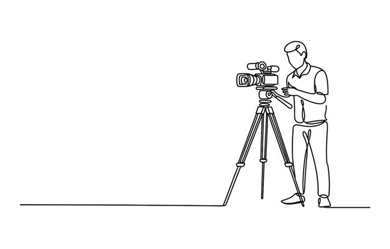 Continuous line drawing of a cameraman filming with a video camera on a tripod
