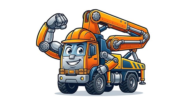 Strong Cartoon Concrete Pump Truck Character Flexing Bicep.