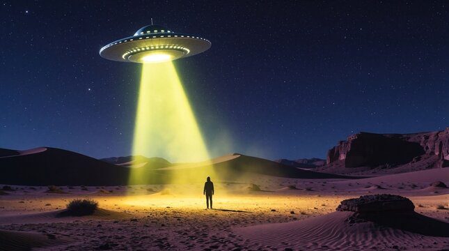 Person stands on sand dune under bright yellow light beam from flying saucer at night. Alien spaceship hovers in starry desert sky, extraterrestrial abduction scenario.