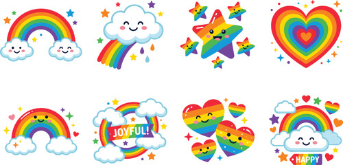 Fototapeta premium Cute Rainbow Cartoon Collection with Smiling Clouds Hearts Stars and Colorful Kawaii Elements