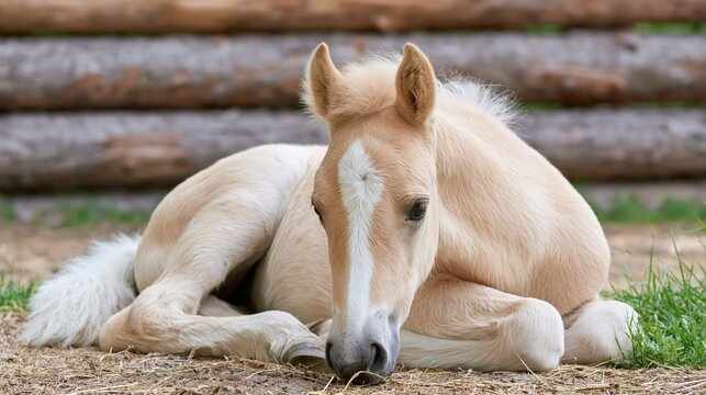 Calming young palomino foal resting peacefully on grassy ground