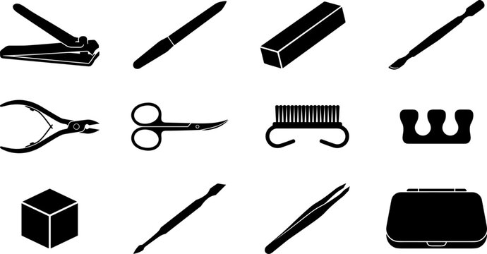 Manicure and pedicure tools vector set featuring clippers, files, and nail care accessories silhouettes