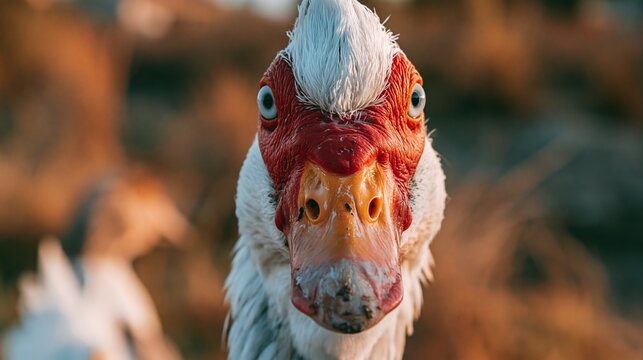Closeup of a muscovy duck face looking at the camera with red skin and white feathers in natural outdoor setting