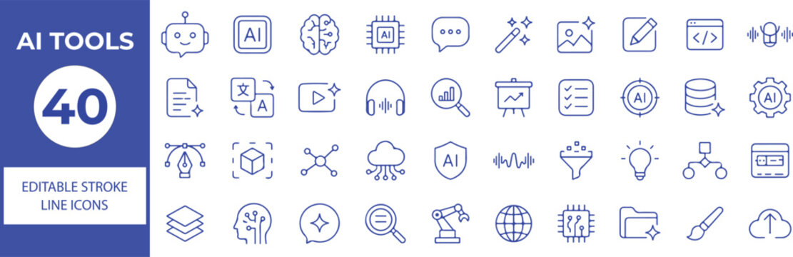40 AI Tools Vector Outline Icons Set &ndash; Artificial Intelligence, Machine Learning, Chatbot, Data Analytics, Automation, Digital Technology and Software Line Symbols Collection