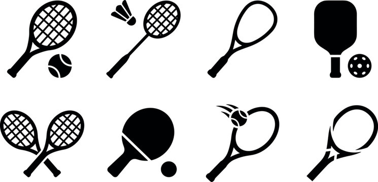Racket Sports Icon Vector Set Featuring Tennis Badminton Pickleball Ping Pong Squash and Paddle Graphics for Fitness and Tournament Designs
