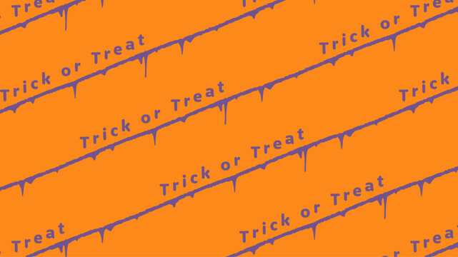 A vector pattern consisting of the words &ldquo;Trick or Treat&rdquo; written in purple against an orange background