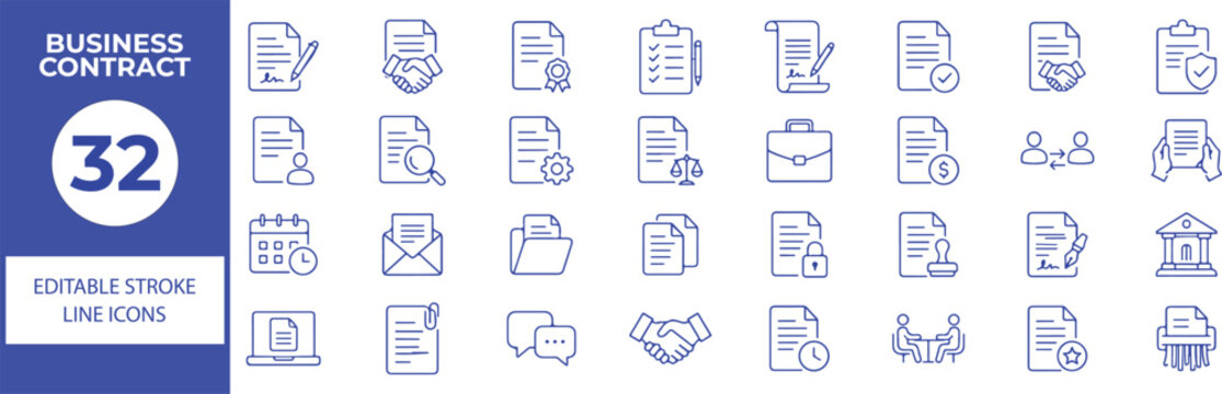 32 Business Contract Vector Outline Icons Set,Legal Agreement, Contract Signing, Business Documents, Negotiation, Partnership and Corporate Law Line Symbols Collection