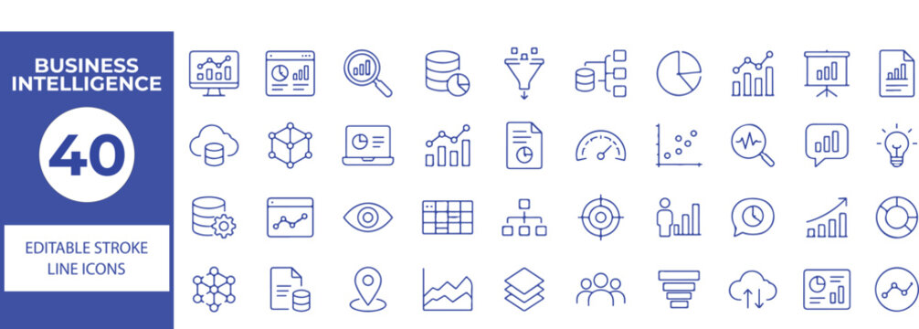 40 Business Intelligence Vector Outline Icons Set,Data Analytics, Dashboard, Reporting, Statistics and BI Line Symbols Collection