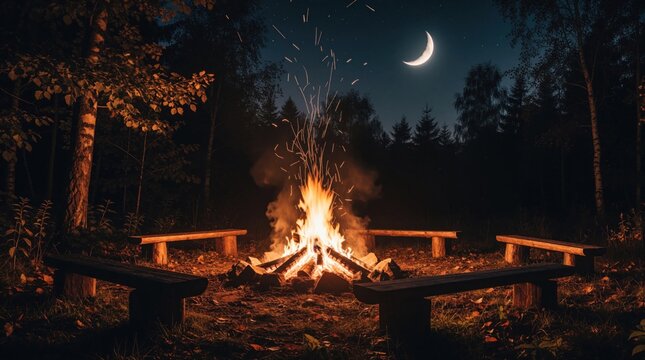 Campfire burns bright at night in dark forest clearing, crescent moon overhead. Empty wooden benches circle warm flames, offering a serene spot for quiet contemplation or outdoor fun.