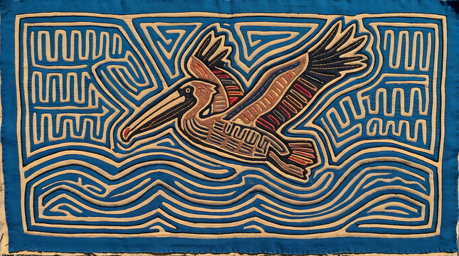 Guna mola pelican, layered fabric coastal folk art