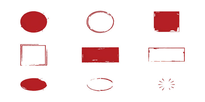 Set of red grunge rubber stamp shapes and frames for labels and badges