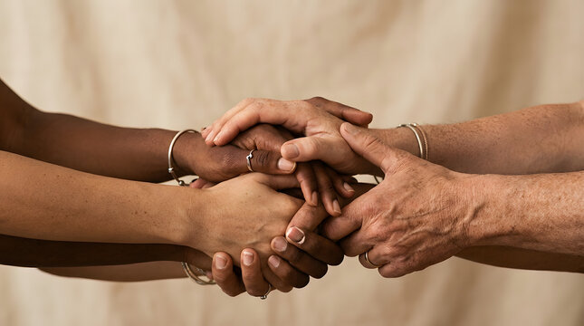 Diverse group of people holding hands together in a symbol of unity and cooperation.