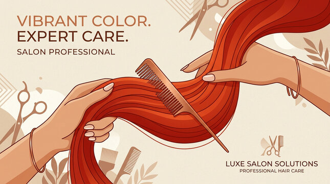 Vibrant red hair care concept, hands combing shiny locks, salon professional illustration, expert styling service, beauty treatment, hairstyle