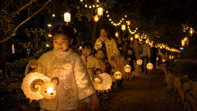 Children's Lantern Parade: Young children gleefully participate in a nighttime lantern parade, holding illuminated lanterns shaped like whimsical animals as they walk along a tree-lined path.