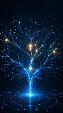 Dazzling Blue Light Tree Symbolizing Decision, Expansion, Branching Growth, Digital Innovation, and Glowing Technology Against Dark Space Background