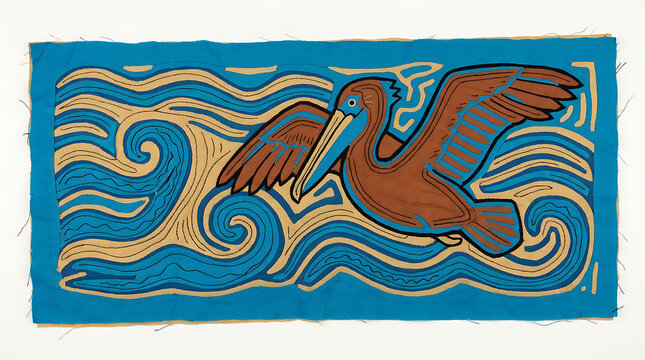 Coastal mola pelican, layered fabric folk art print