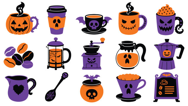 Halloween coffee shop icons, spooky cafe drinks and barista tools, vector illustration
