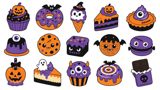 Set of cute halloween treats and desserts, vector illustration of spooky sweets, cupcakes, donuts, cookies, and cakes