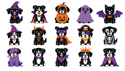 Obraz premium Set of cute halloween puppies in costumes, vector illustration