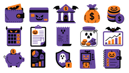 Naklejka premium Set of halloween themed finance and business icons with money, bank, and accounting elements