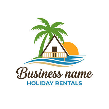 Modern beachfront holiday rental logo with stylized cabin.