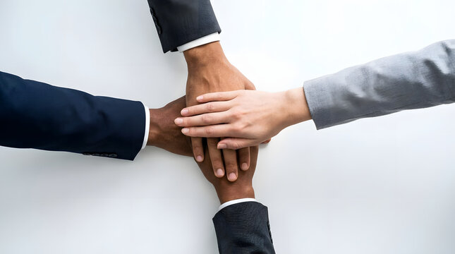 Diverse business team stacking hands together for unity and corporate collaboration success
