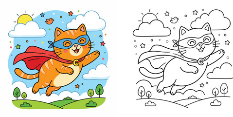 Cute superhero cat flying in sky coloring page and colored cartoon vector illustration set for kids printable activity book © MSTA