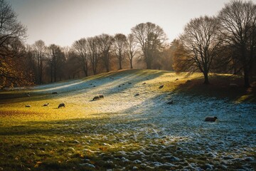 Naklejka premium Sheep graze in autumn park under sunny sky. Landscape features frost-covered grasses, bare trees. Individuals walk on path, enjoying cool weather. Scene peaceful, rural, with mix of green plants,