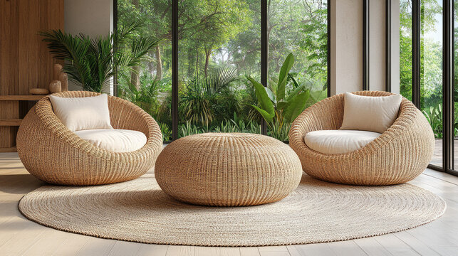 Cozy Rattan Seating Area with Lush Greenery View, Natural Interior Design