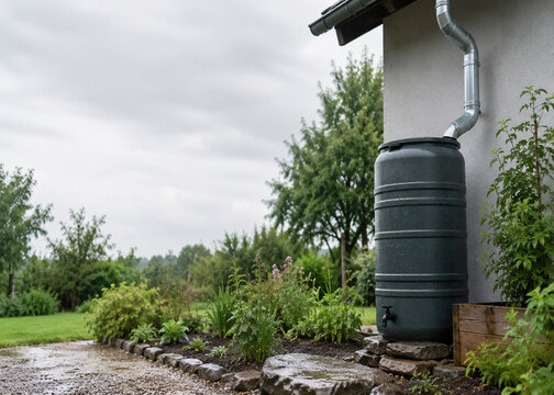 Rainwater collection barrel connected to gutter downspout in eco friendly residential garden
