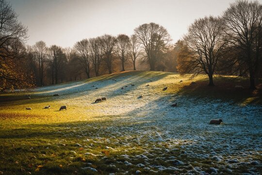 Sheep graze in autumn park under sunny sky. Landscape features frost-covered grasses, bare trees. Individuals walk on path, enjoying cool weather. Scene peaceful, rural, with mix of green plants,