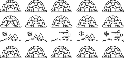 Obraz premium Linear igloos with snowflakes and mountains. Winter weather and arctic landscape illustration. Outlines in black and white.