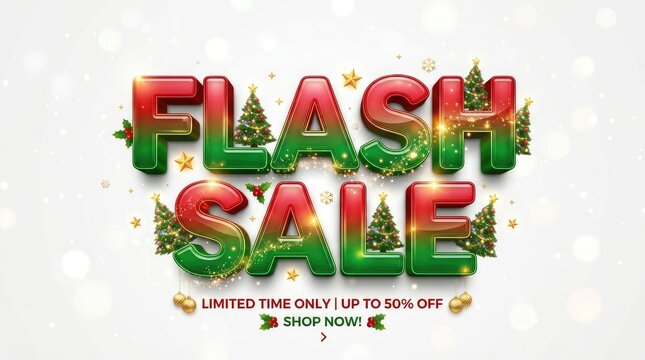 Vibrant holiday flash sale banner with festive decorations with twinkling star ornaments against soft bokeh background evoking festive holiday shopping atmosphere