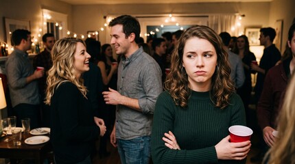 Obraz premium Young Woman Displaying Jealous Reaction During Social Event While Observing Partner Receiving Attention From Attractive Stranger