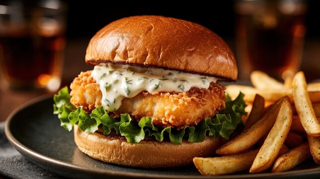 Crispy fish burger with cod, lettuce, and tartar sauce, served with fries and. A hearty seafood meal for lunch or dinner, perfect for fast casual restaurants.