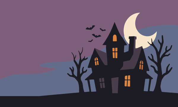 Spooky Halloween haunted house silhouette with crescent moon and flying bats. Night landscape background with bare trees. Flat vector illustration