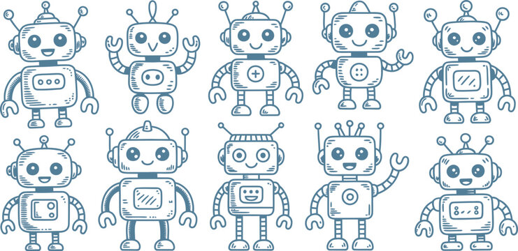 Cute retro robot vector character set. Illustrated blue doodle style android collection. Whimsical cybernetic toy persona with friendly facial expressions.