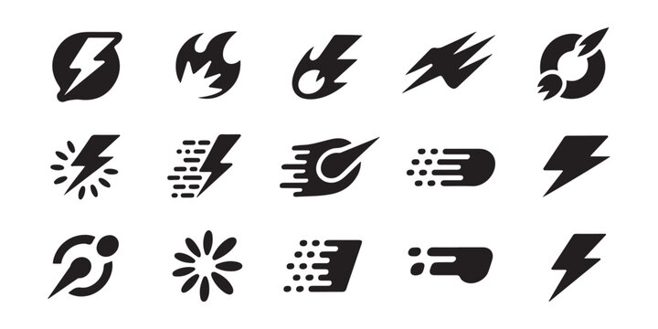 Dynamic movement speed icons set featuring black abstract shapes and motion trails for action design.