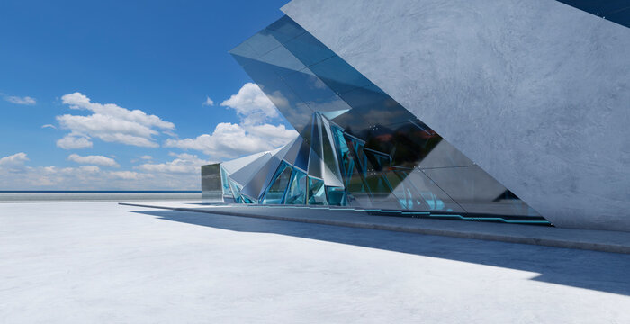3d rendering futuristic building with modern glass and concrete facade