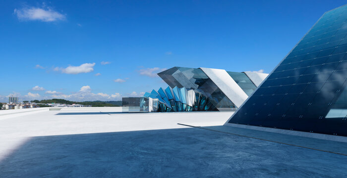 3d rendering modern architectural complex featuring geometric glass and concrete shapes
