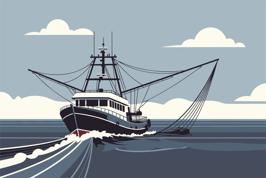 Large commercial fishing trawler boat sailing on a calm blue sea under a cloud-filled sky in a retro vector style.