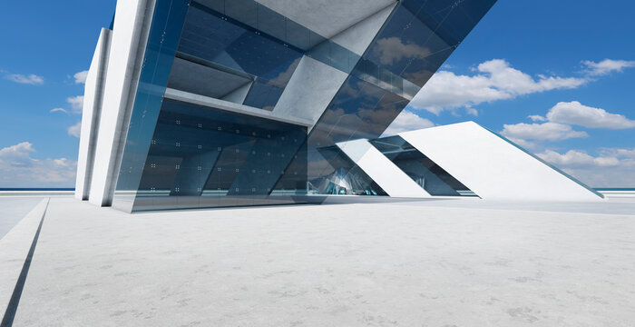 3d rendering modern architecture with glass and concrete surfaces under a blue sky