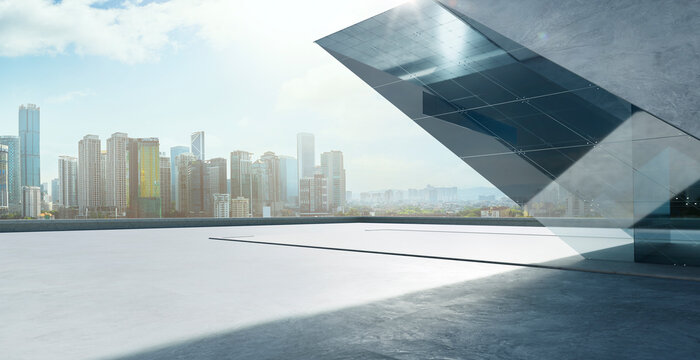 3d rendering empty modern concrete rooftop with urban cityscape